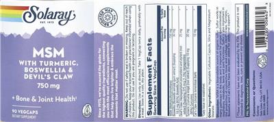 MSM 750 mg with Turmeric, Boswellia & Devil's Claw label