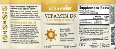 Vitamin D3 125 mcg (5,000 IU) label