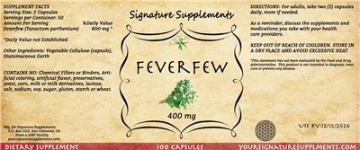 Feverfew 400 mg label