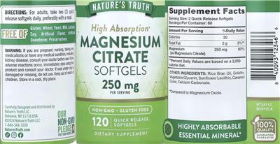 Magnesium Citrate Softgels 250 mg label