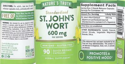 Standardized St. John's Wort 600 mg label
