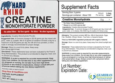 Pure Creatine Monohydrate Powder label