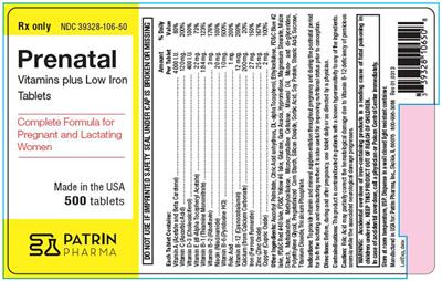 Prenatal Vitamins Plus Low Iron Tablets label