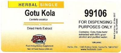Gotu Kola Dried Herb Extract label
