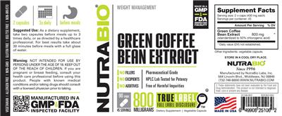 Green Coffee Bean Extract 800 Milligrams label