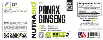 Panax Ginseng 400 Milligrams label