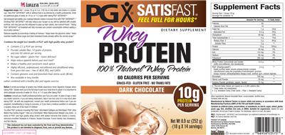 PGX SATISFAST Whey Protein Dark Chocolate label
