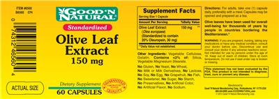 Standardized Olive Leaf Extract 150 mg label