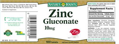 Zinc Gluconate 10 mg label