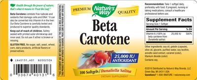 Beta Carotene 25,000 IU label